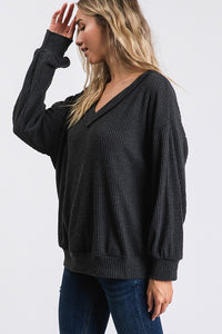 BOAT NECK SOLID WAFFLE PULLOVER