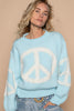 Sweater with rolling edge, peace point, rib band, solid color.