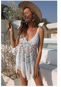 New Crochet Summer Sexy Beach Mini Dress Boho Hollow Out Cover Up Dress Bathing Suit Women Beachwear Cover Ups Dress for Be