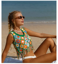 Load image into Gallery viewer, Crop Top Only Knitted Crop Top for Bikini Green Cover Up Crochet Crop Top with Tassel Summer Resortwear Beachwear women