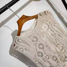 Load image into Gallery viewer, Asymmetric Crochet Top Paisley Lace Sleeveless Sheer Open-knit Blouse Elegant White Vest Summer Boho Vacation Outfit