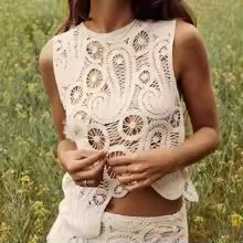 Asymmetric Crochet Top Paisley Lace Sleeveless Sheer Open-knit Blouse Elegant White Vest Summer Boho Vacation Outfit