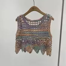 Pastel Tie Dye Crochet Top Sleeveless Sheer Open-knit Crop Tank Tops for Women Teen-girl Spring Summer Boho Vacation Outfit
