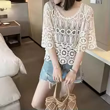 REALEFT Summer Vintage Lace Crochet Hollow Out Women's Blouses 2025 New Embroidery Half Sleeve O-neck Shirts Tops for Womens