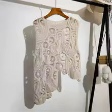 Load image into Gallery viewer, Asymmetric Crochet Top Paisley Lace Sleeveless Sheer Open-knit Blouse Elegant White Vest Summer Boho Vacation Outfit