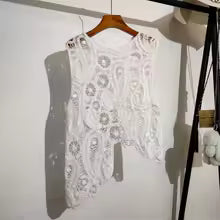Load image into Gallery viewer, Asymmetric Crochet Top Paisley Lace Sleeveless Sheer Open-knit Blouse Elegant White Vest Summer Boho Vacation Outfit