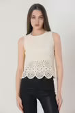 Zero Sleeve Crew Neck Lace Blouse - Beige