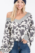 Load image into Gallery viewer, LEOPARD SWEATER KNIT V-NECK TOP WITH PUFF SLEEVES AND STITCHING