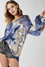 Load image into Gallery viewer, TIE DYE THERMAL WAFFLE KNIT V NECK TOP WITH BALLOON SLEEVES