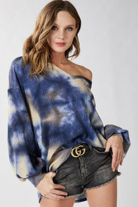 TIE DYE THERMAL WAFFLE KNIT V NECK TOP WITH BALLOON SLEEVES