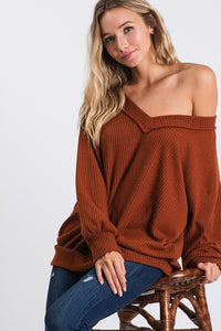 BOAT NECK SOLID WAFFLE PULLOVER