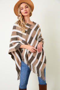 Sweater Poncho with Fluffy Yarn Stripe