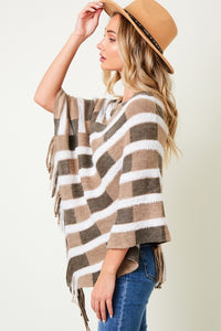 Sweater Poncho with Fluffy Yarn Stripe