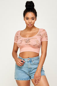 ROUND NECK SEAMLESS LACE CROP TOP