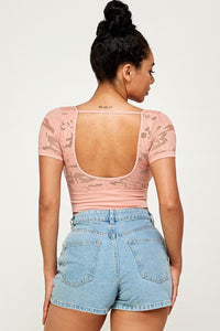 ROUND NECK SEAMLESS LACE CROP TOP