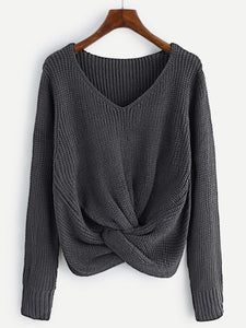 V-Neckline Twist Front Pullover Sweater