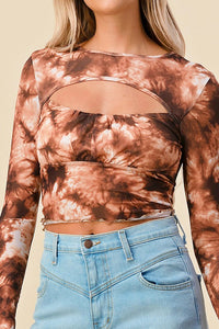 TIE DYE FRONT CUTOUT DETAIL SHEER CROPPED TOP