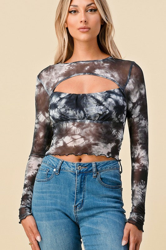 TIE DYE FRONT CUTOUT DETAIL SHEER CROPPED TOP