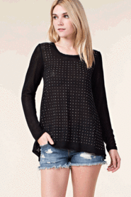 Long Sleeve Tops with Studs and Crochet Lace