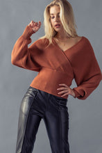 Load image into Gallery viewer, RIB KNIT SURPLICE DOLMAN BACK CUTOUT TOP