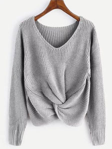 V-Neckline Twist Front Pullover Sweater