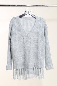 Grey Deep V-Neck Tasseled Hem Sweater