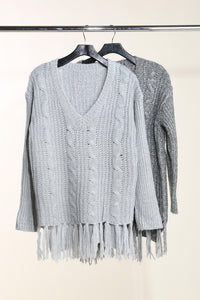 Grey Deep V-Neck Tasseled Hem Sweater