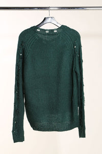 Metal Embellished Ribbed Knitted Distressed Sweater