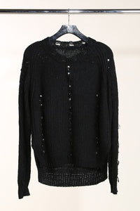 Metal Embellished Ribbed Knitted Distressed Sweater