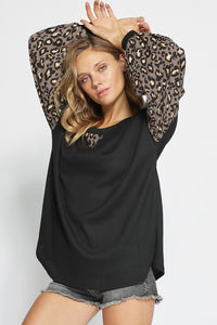 THERMAL WAFFLE KNIT TOP WITH LEOPARD