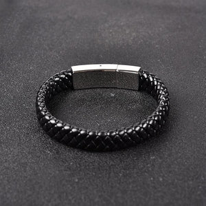 Fashion Men Jewelry Black Genuine Leather Bracelet Silver Color Stainless Steel Magnetic Buckle Punk Bangles Male Gifts
