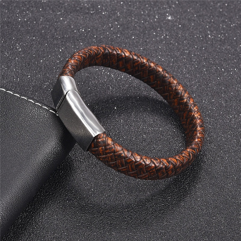 Braided Leather Bracelet for Men Stainless Steel Magnetic Clasp Fashion Bangles Gifts