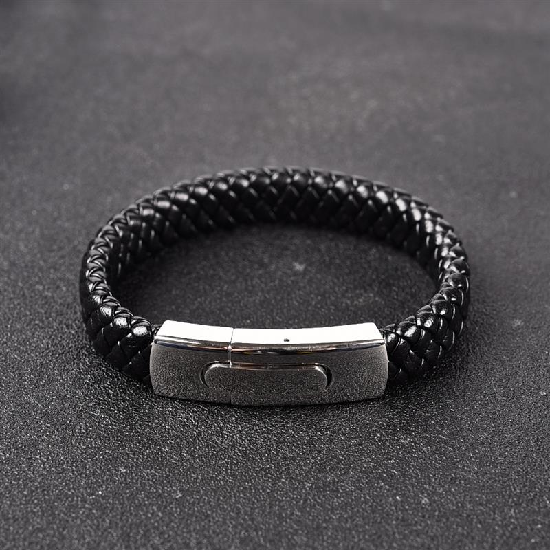 Fashion Men Jewelry Black Genuine Leather Bracelet Silver Color Stainless Steel Magnetic Buckle Punk Bangles Male Gifts