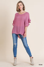 Load image into Gallery viewer, Sheer Ruffle Short Sleeve Round Neck Top with Scoop Hem