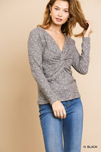 Load image into Gallery viewer, Heathered Ribbed Long Sleeve V-Neck Center Knot Top