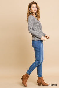 Heathered Ribbed Long Sleeve V-Neck Center Knot Top